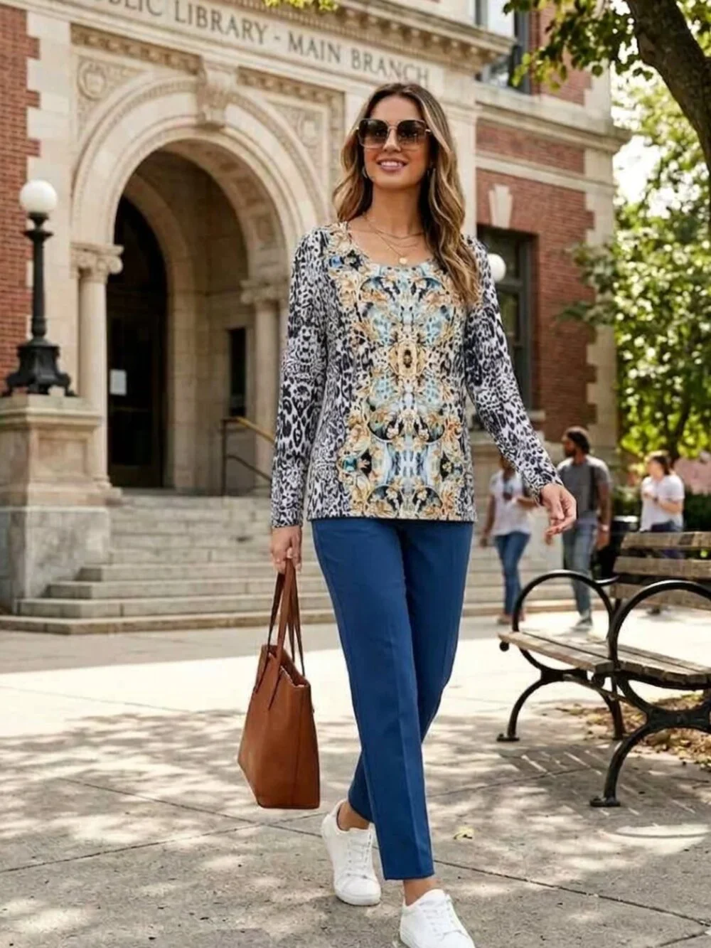 Chico’s Size 2/Large Blue & Gold Baroque Leopard Print Long Sleeve Tunic - Picture 1 of 4